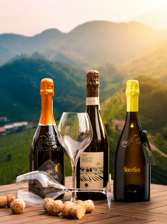 This is Prosecco: Servo Suo, Cru Torri di Credazzo und Ario mit zwei Tulpengläsern auf einem Gartentisch vor den Hügeln des Prosecco-Gebiets